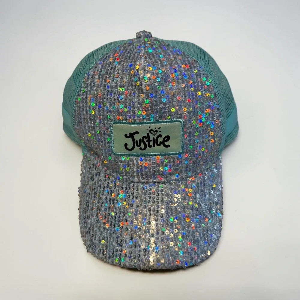Justice Girls Teal Iridescent Sequin Trucker Hat Mesh Snapback Baseball Cap